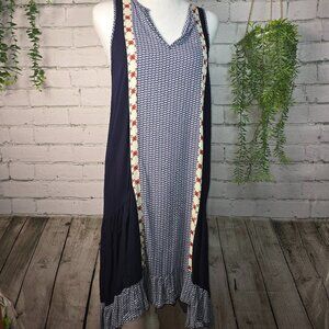 KAREN KANE SLEEVELESS DRESS NAVY & PRINTED FRONT INSETS HIGH LOW RUFFLE HEM MED